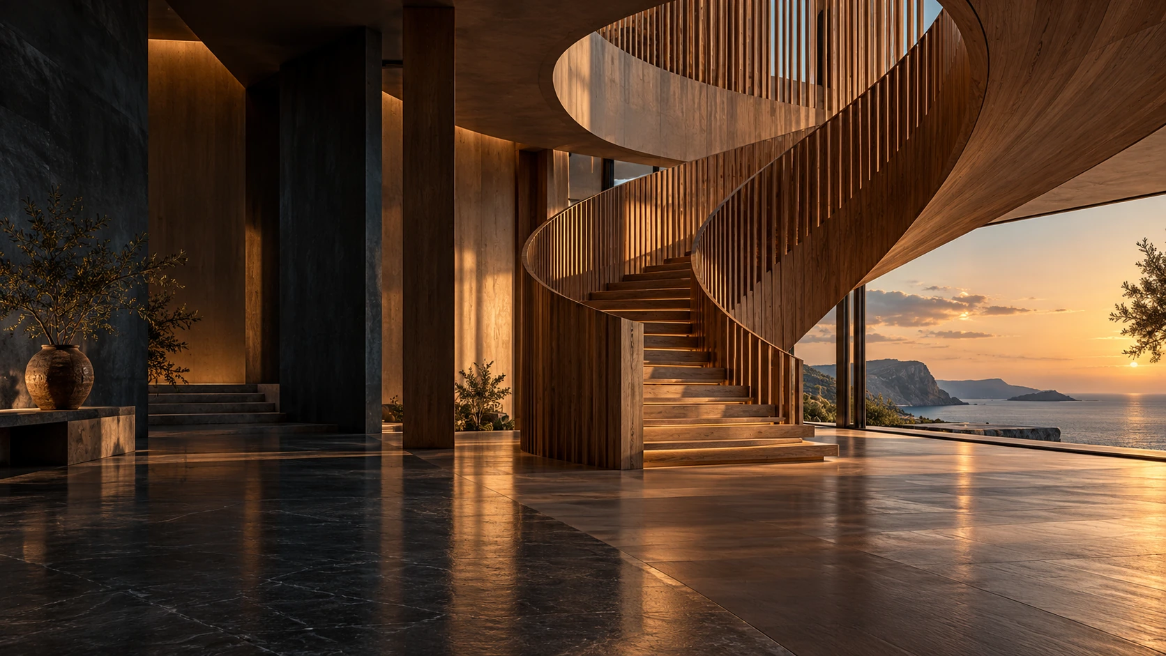 A sculptural timber staircase in a sunlit Mediterranean architectural concept