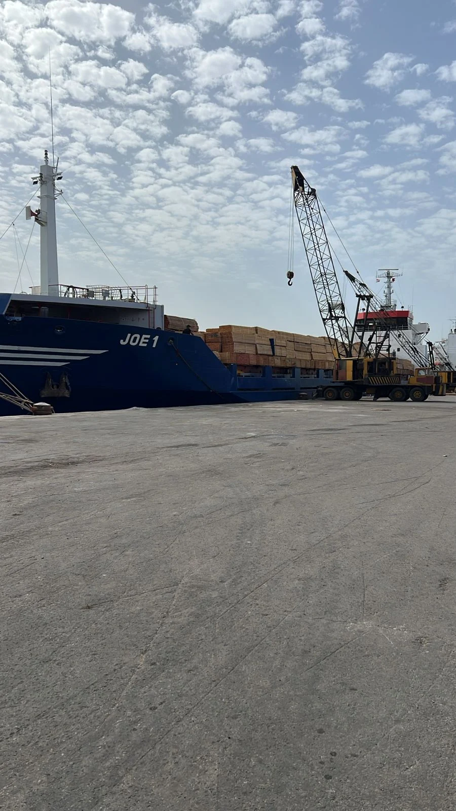 Timber cargo arriving by ship alongside a port crane